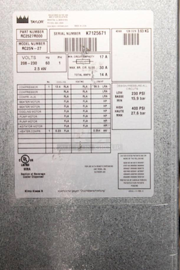 BEAUTIFUL! Taylor RC25N-27 Remote Condensing Unit Used With Frozen Margarita Dispenser. 208-230v/60hz/1ph  21-1/2x23-1/4x21-7/8.
Removed In Working Order From Fat Tuesday. - Image 2 of 6
