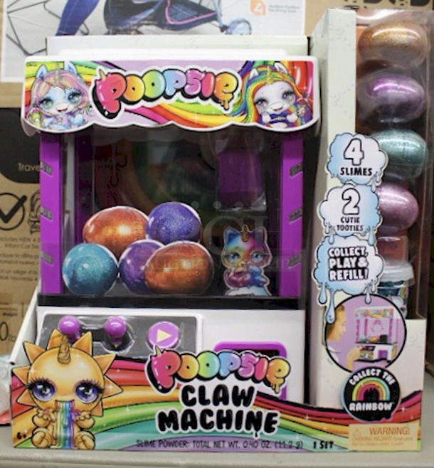 Poopsie Claw Machine With Three Directional Joysticks Includes lights, music and other arcade sounds, 2 Cutie Tooties Characters, 4 D.I.Y. Slime Packets and Can Be Re-Filled With Your Own Surprises