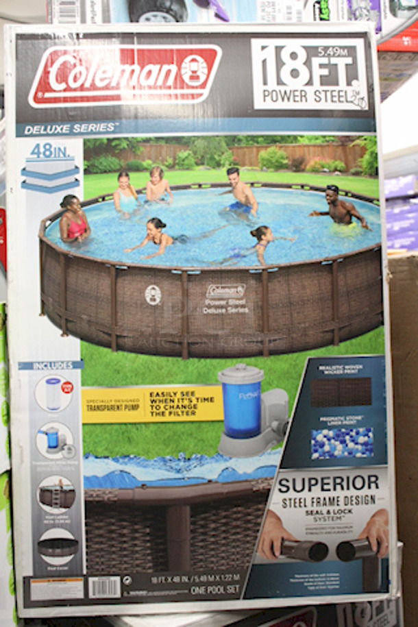 BRAND NEW IN THE BOX! (3) Coleman Deluxe Series Power Steel 18’ x 48” Round Above Ground Pool Sets. Each Set Contains: 1 pool, 1 filter pump (compatible with Type III cartridge), 1 ladder, 1 pool cover. 3x Your Bid - Image 2 of 4