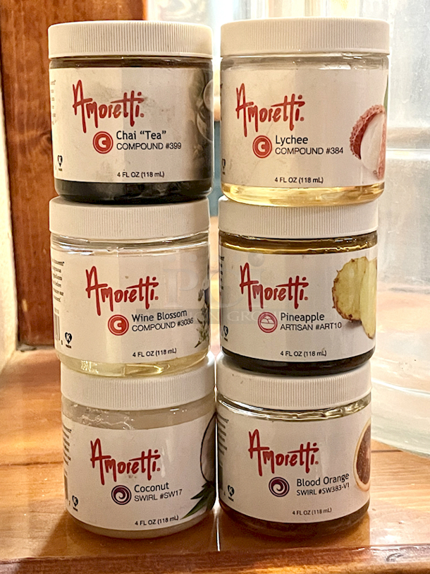 BREWER'S MONSTER LOT: 
Amoretti 2 FL OZ (60 ml) Extracts: Ginger W.S. EXTRACT #522, Chocolate "Crème de Cacao" W.S. Extract #72, Natural Habanero Hot Pepper W.S. Extract 689,  Juniper Berry Terpeneless O.S. Extract #663, Natural Roasted Peanut W.S. Extract #1356, Italian Hazelnut Liqueur Type
W.S. Extract #503, Natural Pumpkin Pie Sauce W.S. Extract 1285, Organolicious
Premium Blue Agave Nectar Amber 
Amoretti 4fl Oz: Cherry Marbleizing Swirl #SW12-V1, Pineapple Marbleizing Swirl #SW16, Mojito Marbleizing Swirl #SW27, Hazelnut Compound #336, Passion Fruit ARTISAN #ART1-NS, Red Sour Cherry COMPOUND #302-V1, Irish Coffee
COMPOUND #3087, Pineapple COMPOUND #301, Marshmallow W.S. EXTRACT #1010, Chai "Tea" COMPOUND #399, Lychee COMPOUND #384, Wine Blossom COMPOUND #3036, Pineapple ARTISAN #ART10, Coconut
SWIRL #SW17, Blood Orange SWIRL #SW383-VI, 
McCormick Coconut Extract
Beer Craft: Black Crown Caps, Calcium Carbonate, Gypsum x2, 
Pure: Calcium Sulfate Dihydrate Gypsum
Citric Acid & Calcium Chloride - Image 10 of 11