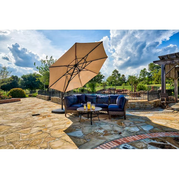 SimplyShade 11-ft 42-LED Light Cantilever Umbrella with Base, Solar/AC Powered. Color: Greige. Includes: 120 volt AC Adapter Cord. 360-Degree pivoting Hub W/ Foot Pedal To Swing Canopy Horizontally. 11-ft x 11-ft x 8.32-ft - Image 4 of 12