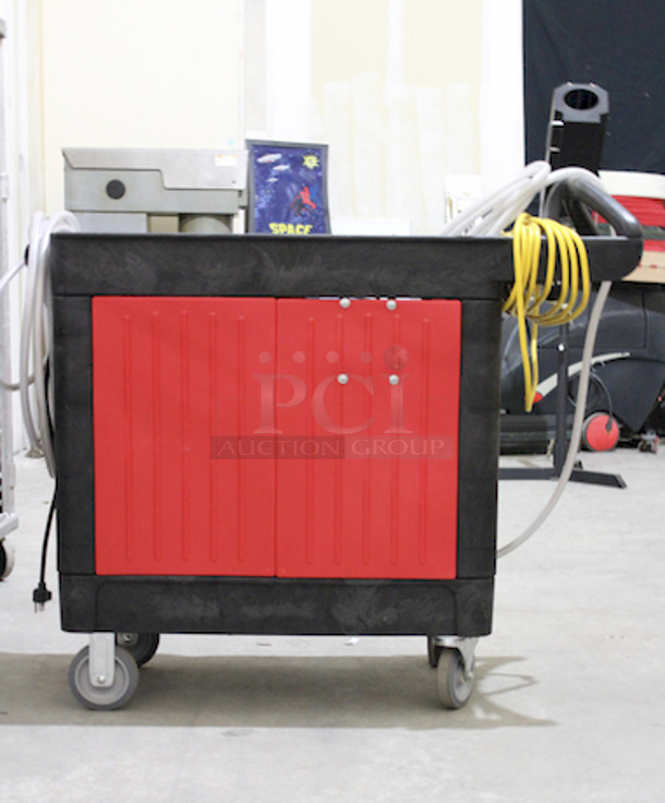 Mobile Sanitization Station. Features a LOTUS PRO Stabilized Aqueous Ozone (SAO3) High Capacity, chemical-free, sanitizing and cleaning Module Attached to a Rubbermaid Industrail Work Cart. This system transforms ordinary tap water into Stabilized Aqueous Ozone (SAO3) which is a powerful and natural surface sanitizer (99.999%), surface cleaner, stain remover, and deodorizer.

 - Image 4 of 8