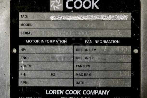 LIKE NEW! Loren Cook 195C6B Belt Drive Exhaust Fan with 30" Base. 3/4HP 115v/60hz/1ph 37-11/16x35  - Image 2 of 2