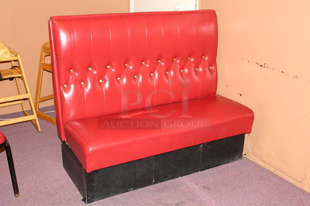 BEAUTIFUL! Ruby Red Single Button Tufted Booth Seating, Fully Upholstered, Heavy Duty Hardwood Frame and Removable Seat- 46x23x42 - minor signs of wear on seat.  - Image 1 of 2