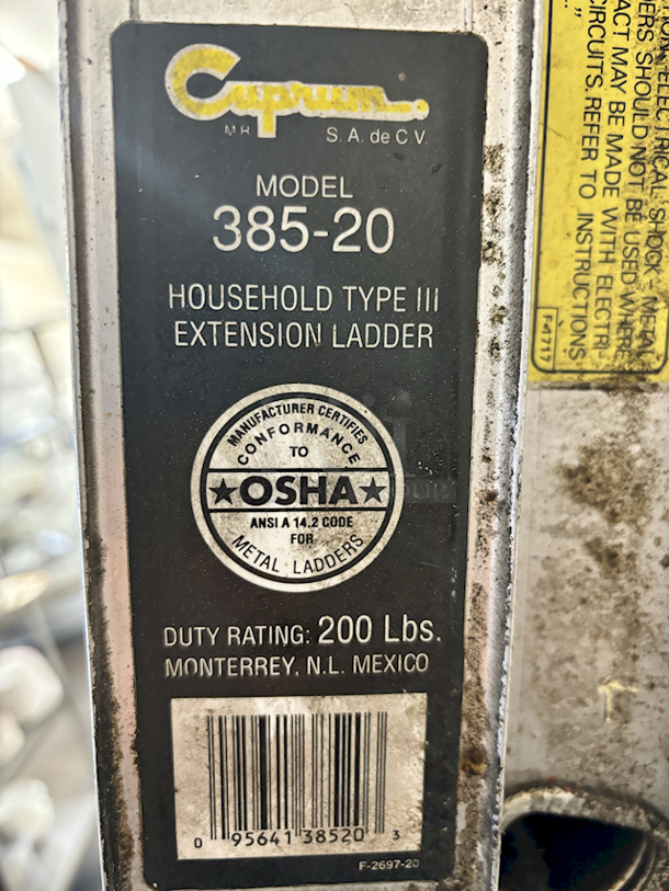 Cuprum 385-20 Household Type III Extension Ladder, 20ft. 200 Lbs Duty Rating.  - Image 3 of 3