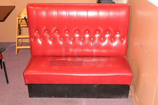 BEAUTIFUL! Ruby Red Single Button Tufted Booth Seating, Fully Upholstered, Heavy Duty Hardwood Frame and Removable Seat- 46x23x42 - minor signs of wear on seat.  - Image 2 of 2