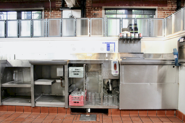 10-1/2 Foot Waitress Station/Prep Area, Stainless Steel Soda Fountain Cabinet With Sink,  Glass Rack Storage Area, Prep Area And Storage.
126x30x39