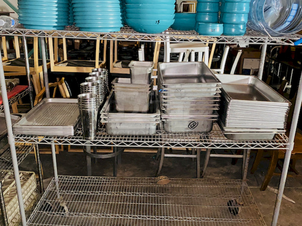 EVERYTHING ON THE SHELVES! Includes 8 Perforated Full Size Pans (2” Deep”), 46 Stainless Steel Milkshake Cups, 3 Full Size Pans (4” Deep), (3) 6” Deep 1/3 Pans, ¼ Pan, 4” Deep Full size Pans, (79)  Aladin Temp-Rite Induction Heated Dishes With (39) Covers and (25) Bowls,  San Jamar SAF-T-ICE Tote.  - Image 12 of 12