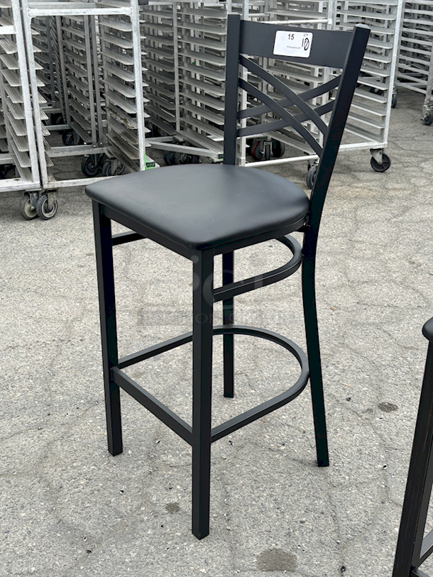 BRAND NEW SCRATCH & DENT! Lancaster Table & Seating (10) Black Finish Cross Back & (1) Distressed Copper Finish Ladder Back Bar Stools with 2 1/2" Navy Vinyl Padded Seat. 11x Your Bid  - Image 7 of 12