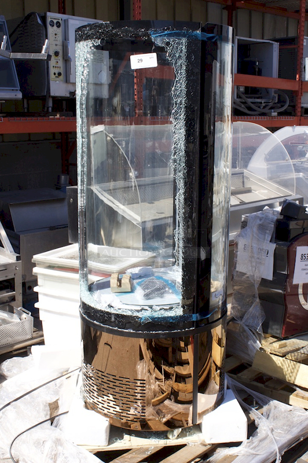 BRAND NEW SCRATCH & DENT! Avantco BCR-15-HC Copper Circular Glass Refrigerated Display Case - 1 Panel Outer Layer OF Broken Glass Is Broken. Tested - Quickly Drops Down To & Holds Temp.  - Image 3 of 8