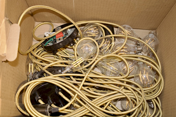 2 4-Wire Bistro Style Light Fixtures With Bulbs.   - Image 1 of 4