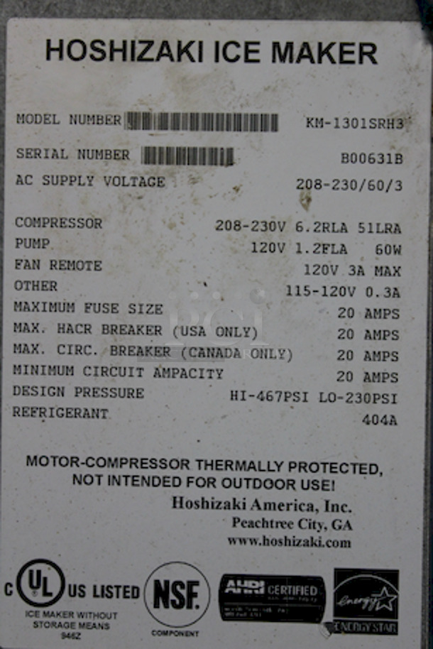 GEEE WILLIKERS!! Hoshizaki KM-1301SRH3 Modular Ice Machine, Capable of Producing  1339 lb of Ice Per Day.  Professionally Removed In Perfect Working Order. 208-230v/60/3-ph Remote Air Cooled.  
48″ W x 27-3/8″ D x 27-3/8″ H
Missing Face Cover. May be On Site.  - Image 3 of 8