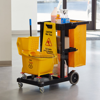 BRAND NEW SCRATCH & DENT! Lavex Black Cleaning Cart / Janitor Cart with 3 Shelves, Large Bottom Shelf, and Yellow Vinyl Bag. Box Is Damaged. 