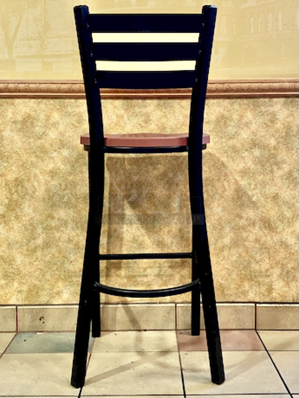 PRISTINE CONDITION! Pair of Plymold Quest Ladderback Steel Barstools with Composite Seat.

Overall Product Height	43"
Overall Product Depth	18"
Overall Product Width	16.25"
Seat Height	30"
Seat Depth	15.75"
Seat Width	16.375" - Image 4 of 5