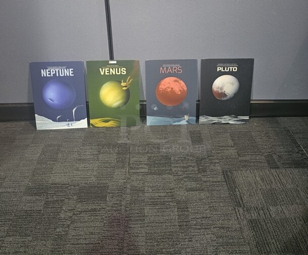 ALL ONE MONEY Set of 4 Planet tin pictures perfect for any science or space fan. The set features Neptune, Venus, Mars and Pluto. Each tin measures 18” H x 12.5” W.  - Image 2 of 3