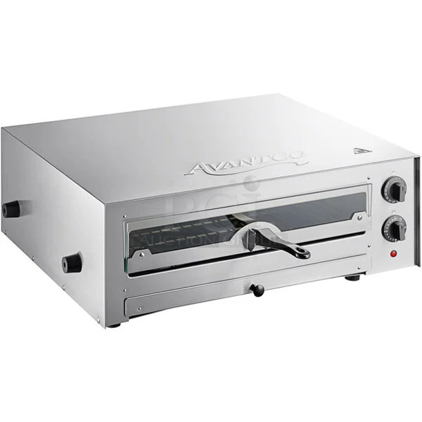 BRAND NEW SCRATCH AND DENT! Avantco 177CPO16TSGL Stainless Steel Countertop Pizza / Snack Oven with Adjustable Thermostatic Control and Glass Door. 120 Volts, 1 Phase. Tested and Working! - Image 1 of 5