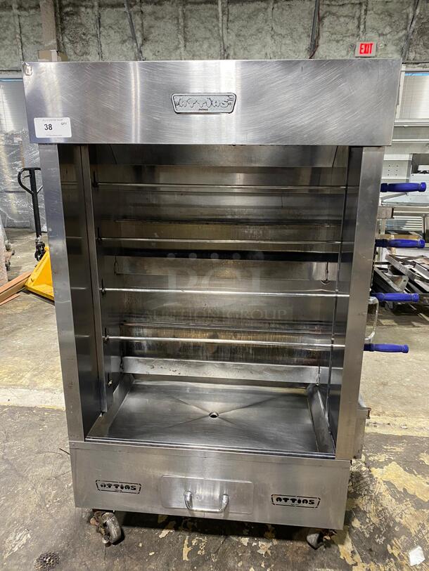 Attias Commercial Natural Gas Powered 5 Skewer Chicken Rotisserie Machine! All Stainless Steel! On Casters!
