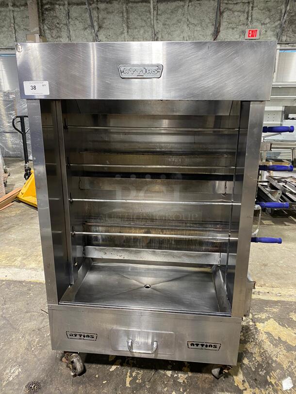 Attias Commercial Natural Gas Powered 5 Skewer Chicken Rotisserie Machine! All Stainless Steel! On Casters!
 - Image 1 of 5