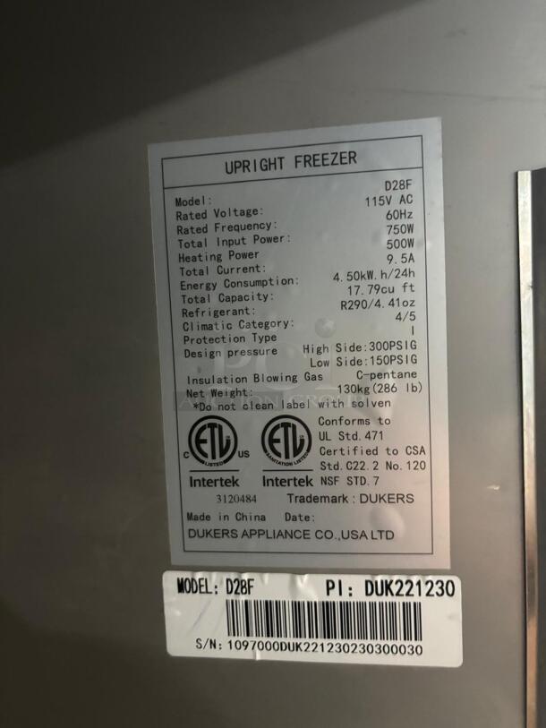 BRAND NEW Scratch & Dent Dukers D28F 28" Single Door Commercial Freezer in Stainless Steel
 - Image 5 of 5