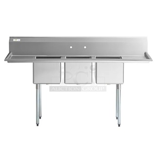 BRAND NEW SCRATCH & DENT! Regency 79" 16-Gauge Stainless Steel Three Compartment Commercial Sink with Galvanized Steel Legs and 2 Drainboards - 15" x 15" x 12" Bowls