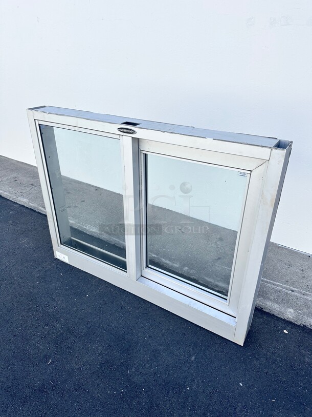 New Quikserv  Self-Closing Side Sliding Transaction Window With Standard Frame 36 W x 36 H Right Hand Slide Clear Anodized NSF