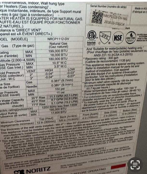 Noritz 11.1 GPM 199900 BTU 120 Volt Commercial Natural Gas Condensing Tankless Water Heater NSF Tested and Working - Image 4 of 7
