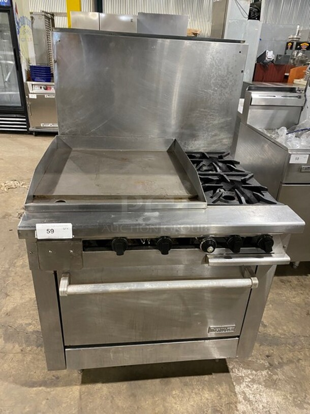 Therma-Tek Natural Gas Powered 2 Burner Range Split Top With Flat Griddle & Oven Underneath! All Stainless Steel! With Back Splash! On Legs! Model TMDS36-24G-2-1N SN: 11K02659C!
 - Image 2 of 11