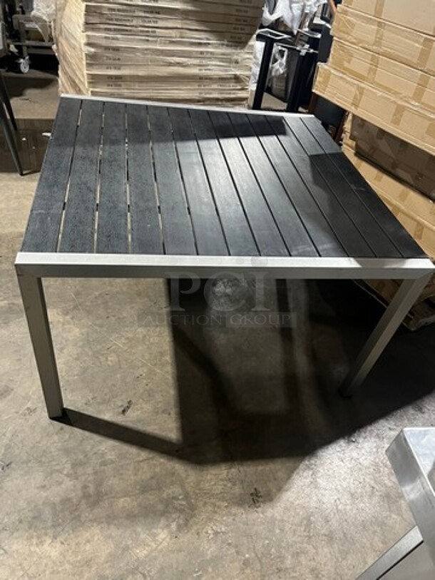 BRAND NEW! OUT OF THE BOX! STC Black Teak Slats 51" By 51" Dining Table! Brushed Alluminum Welded Frame! Suitable For Indoor & Outdor Use!  - Image 3 of 6