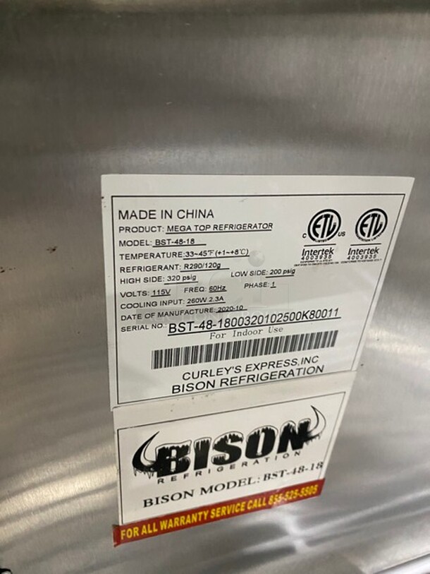 NICE! Bison Commercial Refrigerated Mega Top Sandwich Prep Table! With 2 Door Storage Space Underneath! With Poly Coated Racks! All Stainless Steel! On Casters! Model: BST4818 SN: BST481800320102500K80011 115V 1PH - Image 7 of 10
