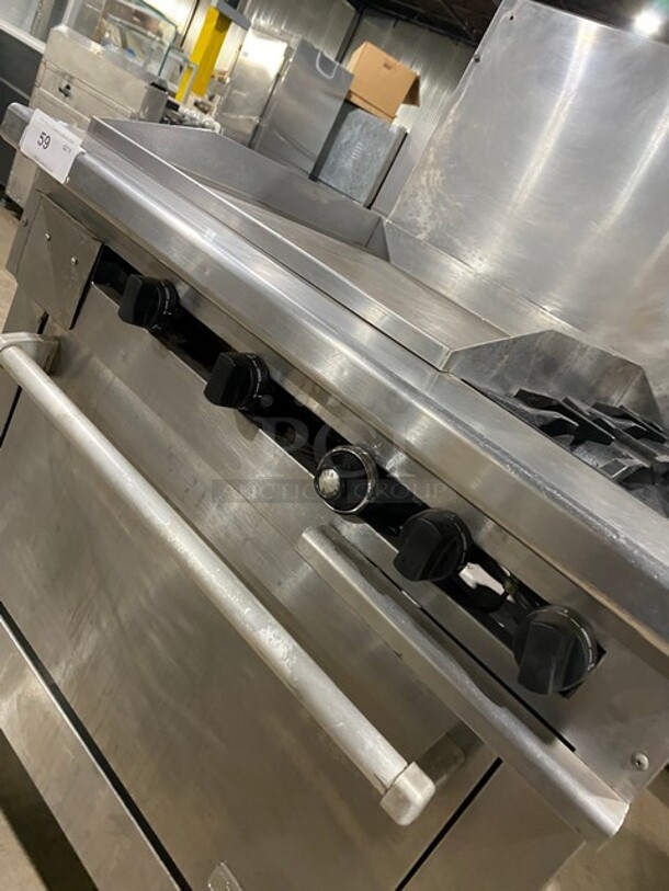 Therma-Tek Natural Gas Powered 2 Burner Range Split Top With Flat Griddle & Oven Underneath! All Stainless Steel! With Back Splash! On Legs! Model TMDS36-24G-2-1N SN: 11K02659C!
 - Image 7 of 11