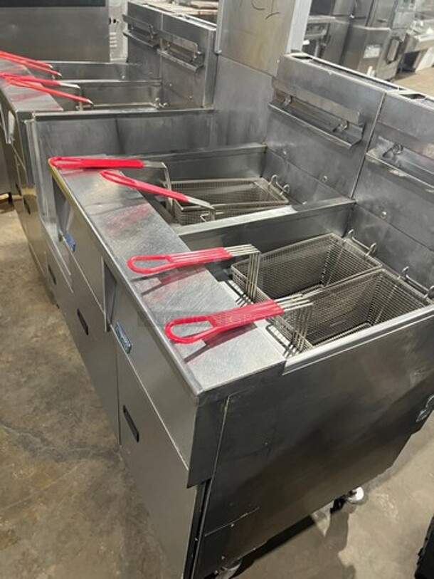 FAB! Pitco Frialator Commercial Natural Gas Powered 4 Bay Deep Fat Fryer! With Middle Fryer Basket Rack! All Stainless Steel! On Casters! Model: SGH50 SN: G13JE049283! Working When Removed!  - Image 12 of 12