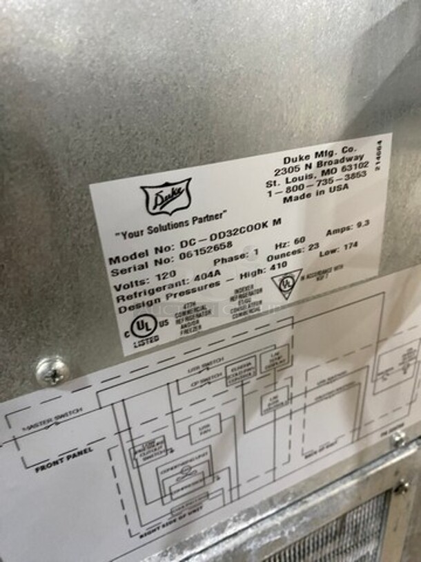 NICE! Duke Commercial Custom-Made Refrigerated Prep Table! With 2 Drawer Space Underneath! All Stainless Steel! On Casters! Model: DCDD32COOK SN: 06152658 120V 60HZ 1 Phase - Image 8 of 9