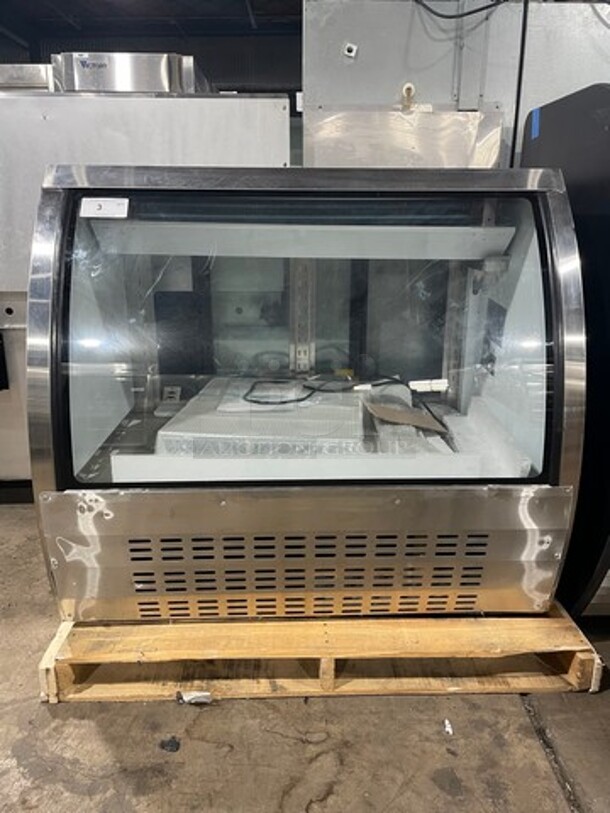 GREAT! NEW! Chef AAA Commercial Refrigerated Deli Display Case! With Curved Front Glass! With Sliding Rear Access Glass Doors! With Poly Coated Racks! Stainless Steel Body! Model: DC120HC SN: 6332315017080221 110V - Image 1 of 11
