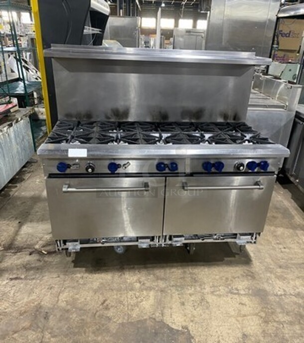 Commercial Natural Gas Powered 10 Burner Stove! With Raised Back Splash! With 2 Full Size Oven Underneath! All Stainless Steel!