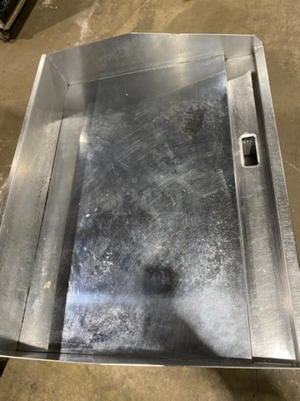 Lang Commercial Countertop Natural Gas Powered Mirror Shine Polish Top Flat Top Griddle! With Back And Side Splashes! All Stainless Steel! On Small Legs! Working When Removed!
 - Image 5 of 8