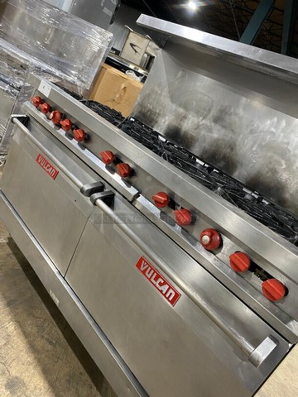 NICE! Vulcan Commerical Natural Gas Powered 10 Burner Stove! With Raised Back Splash And Salamander Shelf! With 2 Oven Underneath! All Stainless Steel! On Legs! - Image 9 of 10