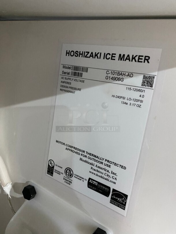 COOL! Hoshizaki Commercial Ice Maker Machine! Stainless Steel Body! Model: C101BAHAD SN: G14906G 115/120V 60HZ 1 Phase - Image 9 of 10