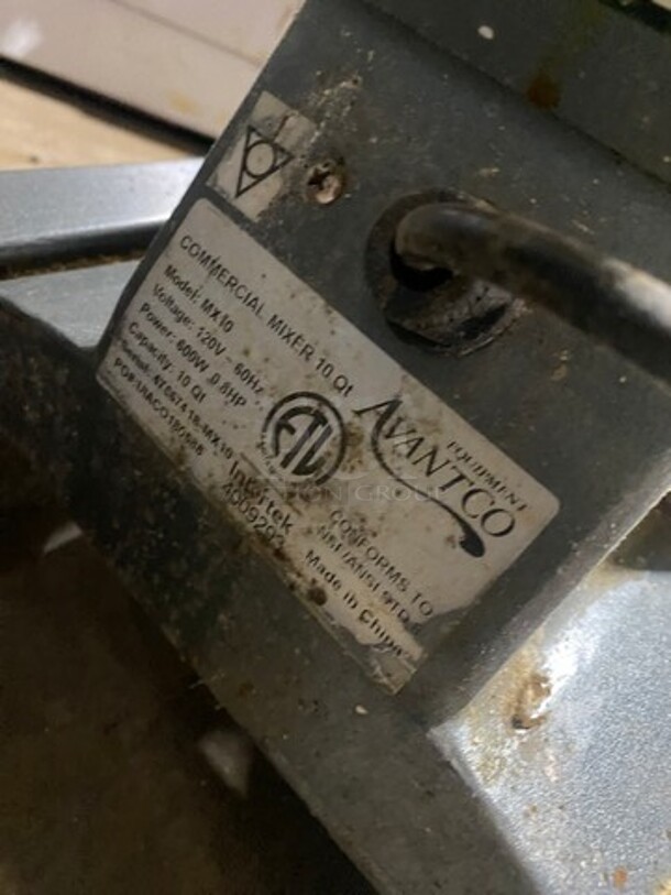Avantco Commercial Countertop 10QT Planetary Mixer! With Bowl And Bowl Guard! WORKING WHEN REMOVED! Model: MX10 SN: 47067418MX10 120V - Image 5 of 8
