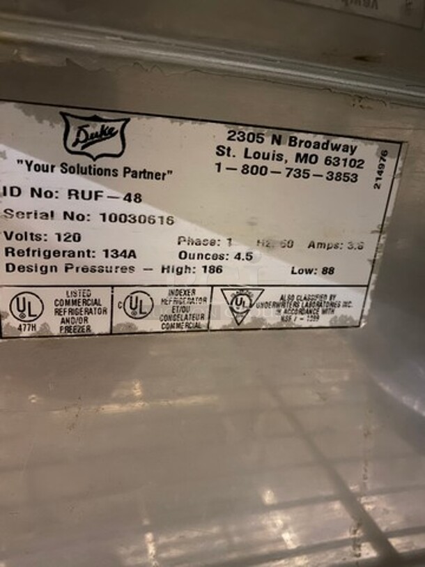 Duke Commercial Refrigerated Work/Prep Top Lowboy Cooler! With Backsplash! With 2 Doors Underneath Storage Space! With Poly Coated Racks! All Stainless Steel! WORKING WHEN REMOVED! Model: RUF48 SN: 10030616 120V 60HZ 1 Phase - Image 6 of 8