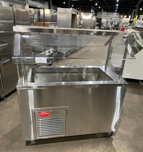 Low Temp Commercial Refrigerated Food Serving Station Counter/ Cold Pan! With Sneeze Guard! Stainless Steel Body! On Casters! Model: 50CFMX SN: L10C33214L 120V 60HZ 1 Phase
