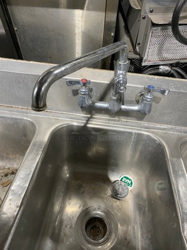 Commercial 3 Compartment Dish Washing Sink! With Dual Side Drain Board! With Faucet And Handles! With Back Splash! All Stainless Steel! With Legs! - Image 6 of 8