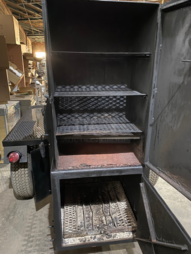 AMAZING FIND! Lang Commercial 60 Deluxe BBQ Smoker Cooker On Mobile Trailer Frame! With Firewood Rib Box! With Warmer Box And 4 Racks! - Image 10 of 12