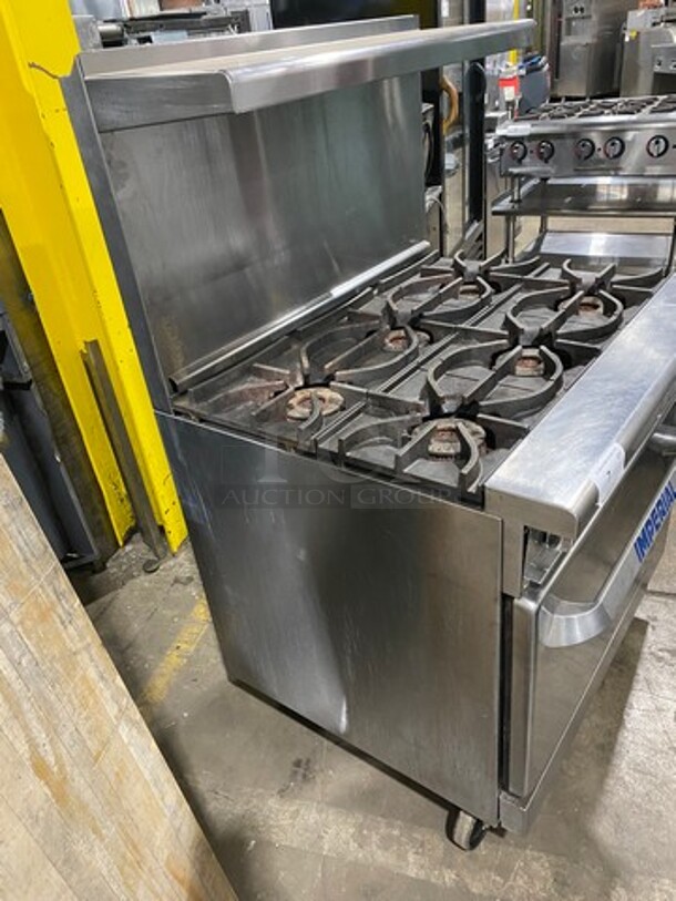 Imperial Commercial Natural Gas Powered 6 Burner Stove! With Raised Back Splash And Salamander Shelf! With Oven Underneath! All Stainless Steel! On Casters! - Image 4 of 10