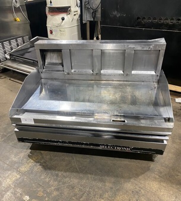 Lang Commercial Countertop Natural Gas Powered Mirror Shine Flat Top Griddle! With Thermostatic Controls! Built In Hood! With Back And Side Splashes! All Stainless Steel! On Legs! SELECTRONIC SERIES! - Image 1 of 10