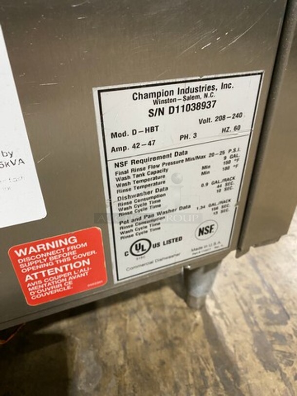 Champion Commercial Pass-Through Dishwasher Machine! All Stainless Steel! On Legs! With Right Side Dishwasher Table! With Back And One Side Splash! Model: DHBT SN: D11038937 208/240V 60HZ 3 Phase - Image 9 of 10
