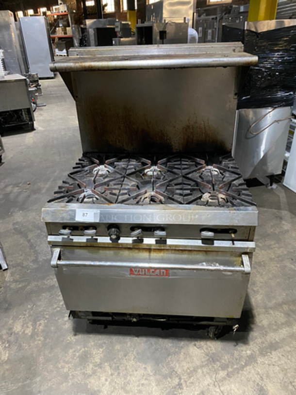 Vulcan Commercial Natural Gas Powered 6 Burner Stove! With Full Size Oven Underneath! Metal Oven Rack! With Raised Back Splash And Salamander Shelf! All Stainless Steel!