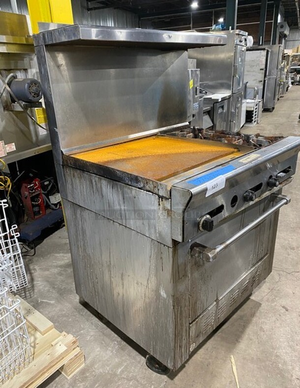 Us Range Stainless Steel Commercial Natural Gas Powered 2 Burner Range w/ Left Side Flat Top Griddle! With Oven And Back Splash! On Commercial Casters! - Image 2 of 8