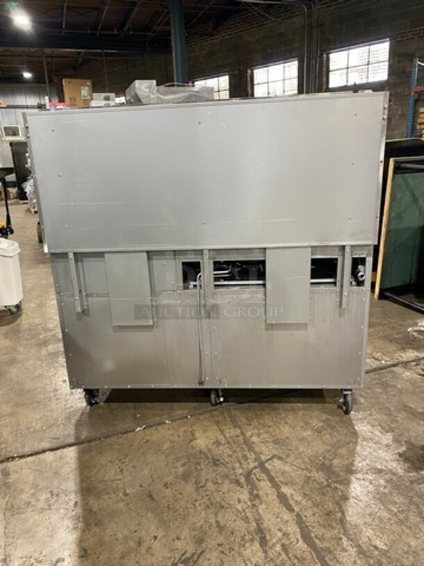 FAB! CPG Commercial Natural Gas Powered 6 Burner Stove With Right Side Flat Griddle And Cheese Melter Combo! Griddle Has Side Splashes! With Raised Back Splash And Salamander Shelf! With 2 Oven Underneath! Metal Oven Racks! All Stainless Steel! On Casters! SN: 01210402 - Image 3 of 12