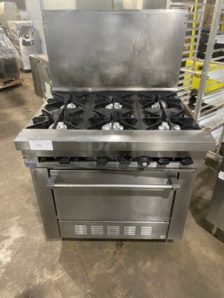Sunfire Commercial Natural Gas Powered 6 Burner Stove! With Raised Back Splash! With Oven Underneath! All Stainless Steel! Model SX626 Serial 0706100169977! On Legs!
