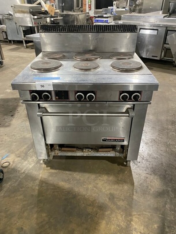Garland Electric Powered 6 Burner Range! With Full Size Oven Underneath! With Back Splash! All Stainless Steel Body! On Casters! Model: SS686 SN: 0311RF0023